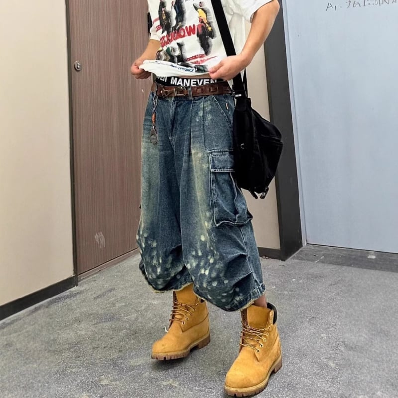 Džínové šortky pre mužov - stredný pas, plisovaný dizajn, zipsové zapínanie, rovný lem, umývaný denim