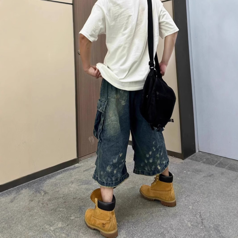 Džínové šortky pre mužov - stredný pas, plisovaný dizajn, zipsové zapínanie, rovný lem, umývaný denim