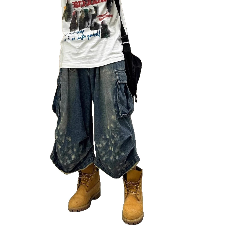 Džínové šortky pre mužov - stredný pas, plisovaný dizajn, zipsové zapínanie, rovný lem, umývaný denim