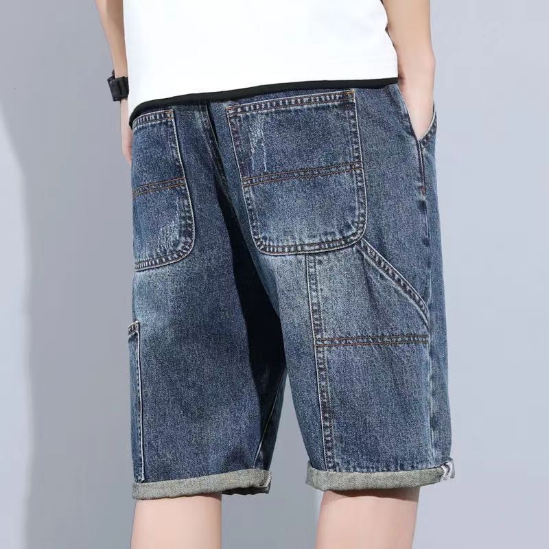 Pánske džínové šortky, potrhané detaily, stredná výška pása, rovný strih, zipsové zapínanie