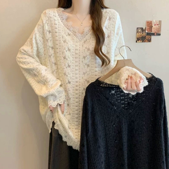 Čipkový top pre ženy, V-ový výstrih, dlhé rukávy, voľný strih, stredná dĺžka