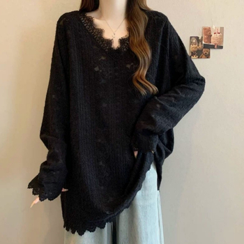 Čipkový top pre ženy, V-ový výstrih, dlhé rukávy, voľný strih, stredná dĺžka