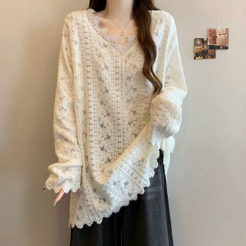 Čipkový top pre ženy, V-ový výstrih, dlhé rukávy, voľný strih, stredná dĺžka