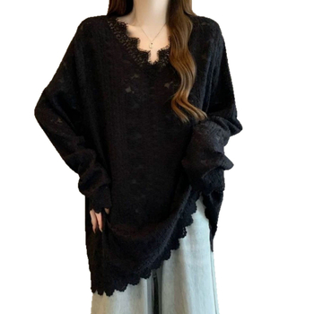 Čipkový top pre ženy, V-ový výstrih, dlhé rukávy, voľný strih, stredná dĺžka