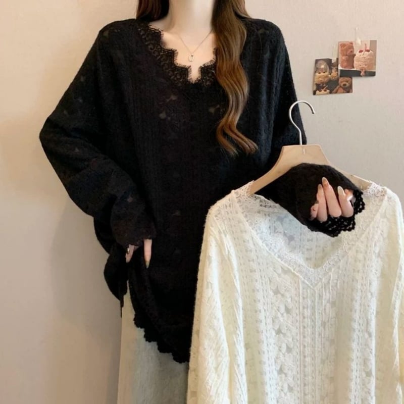 Čipkový top pre ženy, V-ový výstrih, dlhé rukávy, voľný strih, stredná dĺžka