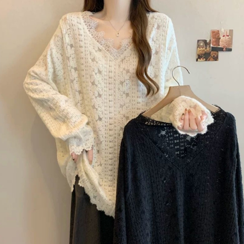 Čipkový top pre ženy, V-ový výstrih, dlhé rukávy, voľný strih, stredná dĺžka