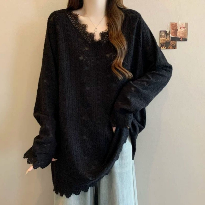 Čipkový top pre ženy, V-ový výstrih, dlhé rukávy, voľný strih, stredná dĺžka