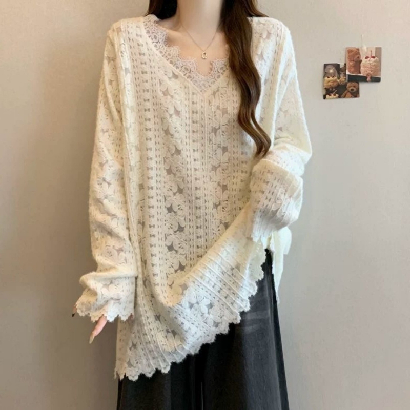 Čipkový top pre ženy, V-ový výstrih, dlhé rukávy, voľný strih, stredná dĺžka