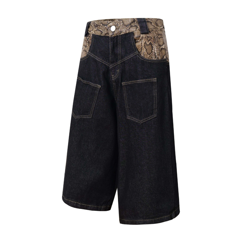 Traper kratke hlače, vintage američki stil, šavovi s Python uzorkom, široki, opušteni kroj, cowboy denim 85% pamuk, ljeto