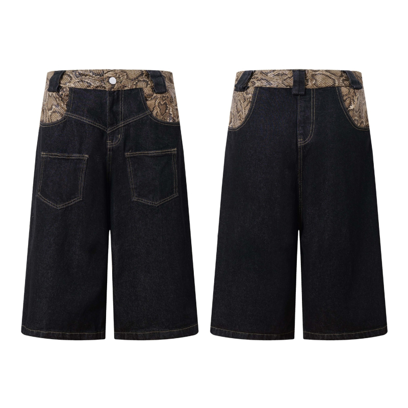 Traper kratke hlače, vintage američki stil, šavovi s Python uzorkom, široki, opušteni kroj, cowboy denim 85% pamuk, ljeto