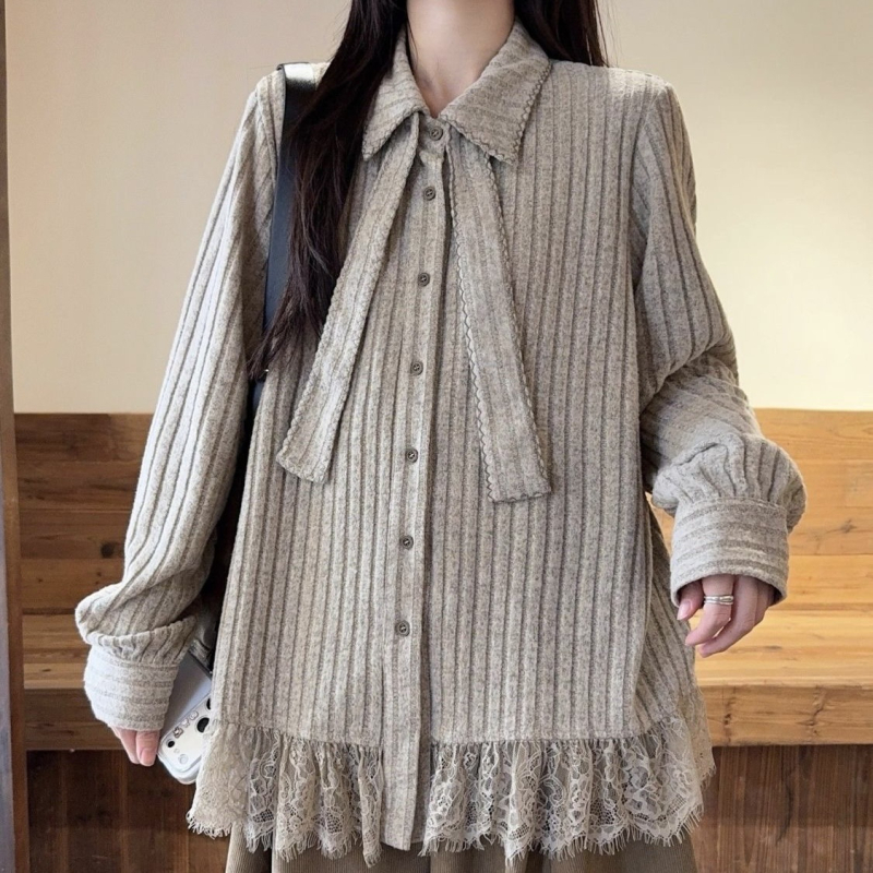 Ženska bluza s dugim rukavima u korejskom retro stilu s čipkastim umetkom, opušten kroj, jesen-zima.