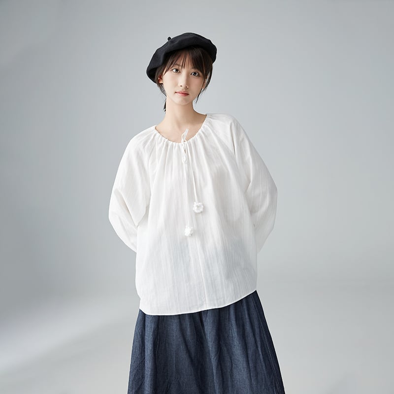 Bavlnená pulóverová košeľa s dlhými rukávmi, okrúhly výstrih, pruhovaný vzor, literárno-umelecký retro štýl