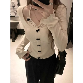 Majica s uzorkom mašnice, poliester tkanina, lažni dvodijelni casual stil, uski kroj, kratka duljina