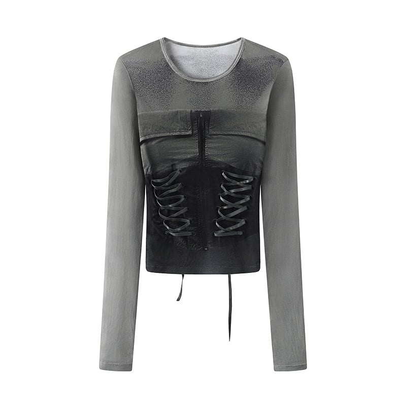 T-shirt slim fit, dugi rukavi, okrugli izrez, materijal pamuk-poliester, detalj kolaz