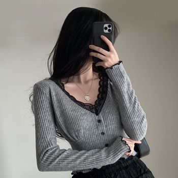 Ženska majica s čipkom, V-dekolte, dugi rukavi, uski struk, Spandex 80-90%