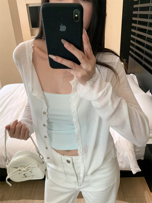 Polyesterový čipkovaný pletený kardigán, dlhé rukávy, bez goliera, jednoradové zapínanie