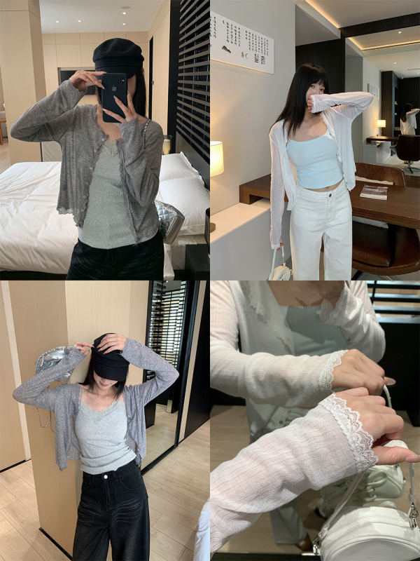 Cardigan tricotat din poliester cu dantelă, mâneci lungi, fără guler, închidere cu nasturi pe o linie