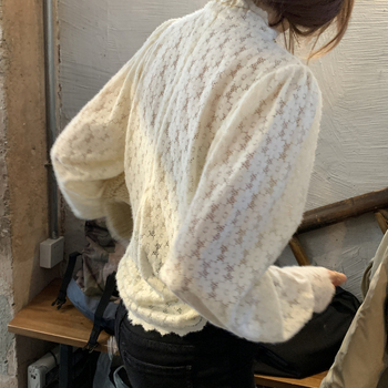 Čipkasti top s prorezima, zatvarač, korejski stil uski kroj, okrugli vrat, dugi rukavi