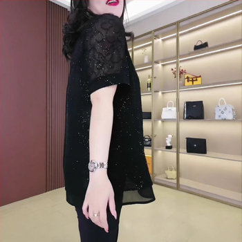 Šifono nėrinių palaidinė, elegantiškas stilius, raukšlėta tekstūra, pagrindinis audinys poliesteris 90–95%, antrasis audinys poliesteris 70–80%