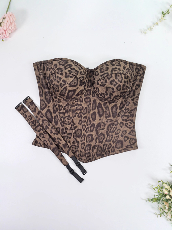Sutien leopard print, cu os de pește, top tubular cu bretele