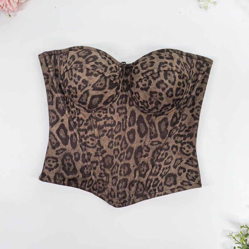 Sutien leopard print, cu os de pește, top tubular cu bretele