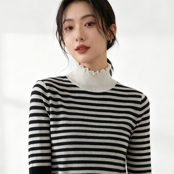 Dámsky tenký pletený sveter so štýlom pruhov, polovičný vysoký golier, voľný strih, dlhé rukávy
