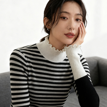 Dámsky tenký pletený sveter so štýlom pruhov, polovičný vysoký golier, voľný strih, dlhé rukávy