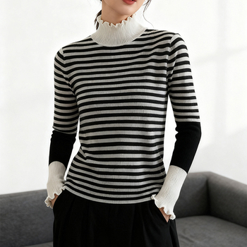 Dámsky tenký pletený sveter so štýlom pruhov, polovičný vysoký golier, voľný strih, dlhé rukávy