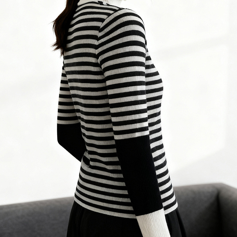 Dámsky tenký pletený sveter so štýlom pruhov, polovičný vysoký golier, voľný strih, dlhé rukávy