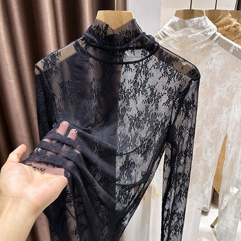 Čipkované sieťové top s vysokým golierom a dlhými rukávmi, acetát+polyester tkanina, jar 2025