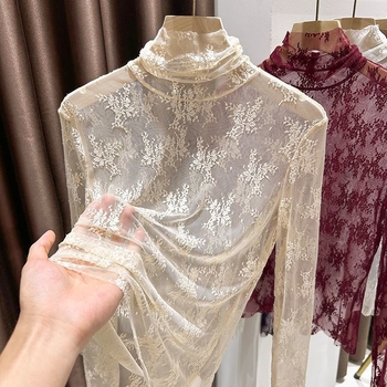 Čipkované sieťové top s vysokým golierom a dlhými rukávmi, acetát+polyester tkanina, jar 2025