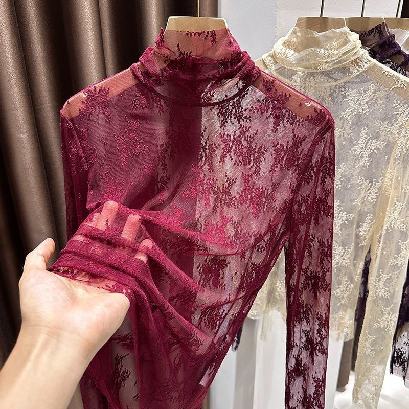 Čipkované sieťové top s vysokým golierom a dlhými rukávmi, acetát+polyester tkanina, jar 2025