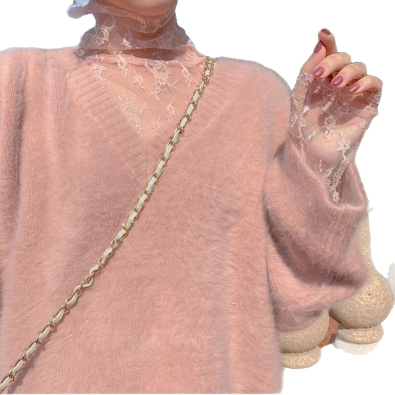 Čipkované sieťové top s vysokým golierom a dlhými rukávmi, acetát+polyester tkanina, jar 2025