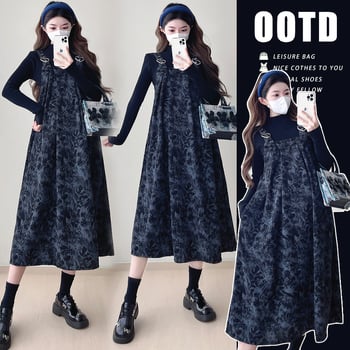 Trudnički dvodijelni set haljine: suknja s trakicama i top s tie-dye uzorkom — okrugli izrez, dugi rukav, pamuk-poliester tkanina