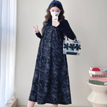 Trudnički dvodijelni set haljine: suknja s trakicama i top s tie-dye uzorkom — okrugli izrez, dugi rukav, pamuk-poliester tkanina