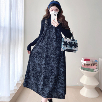 Trudnički dvodijelni set haljine: suknja s trakicama i top s tie-dye uzorkom — okrugli izrez, dugi rukav, pamuk-poliester tkanina