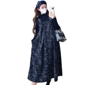 Trudnički dvodijelni set haljine: suknja s trakicama i top s tie-dye uzorkom — okrugli izrez, dugi rukav, pamuk-poliester tkanina