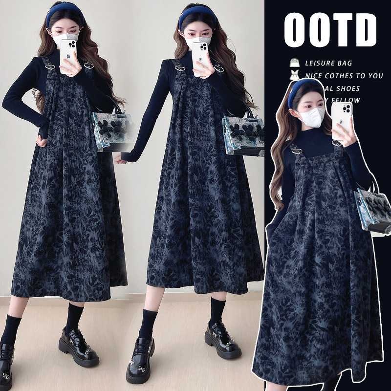 Trudnički dvodijelni set haljine: suknja s trakicama i top s tie-dye uzorkom — okrugli izrez, dugi rukav, pamuk-poliester tkanina