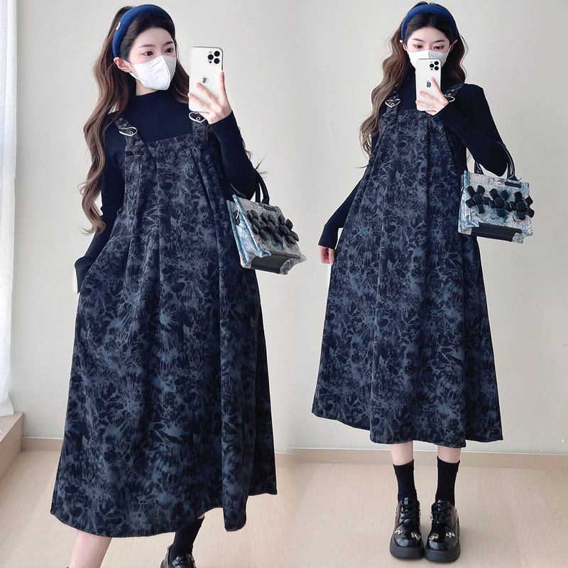 Trudnički dvodijelni set haljine: suknja s trakicama i top s tie-dye uzorkom — okrugli izrez, dugi rukav, pamuk-poliester tkanina