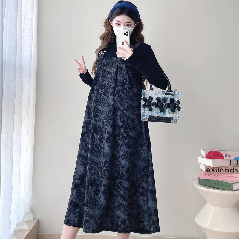 Trudnički dvodijelni set haljine: suknja s trakicama i top s tie-dye uzorkom — okrugli izrez, dugi rukav, pamuk-poliester tkanina