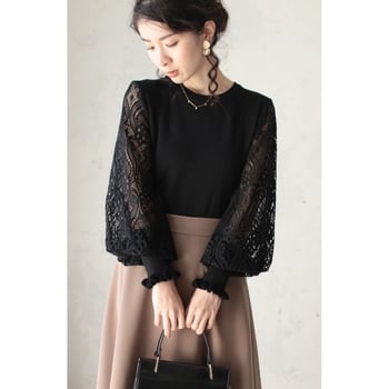 Pleteni top s čipkastim balonastim rukavima, casual (Proljeće 2023)