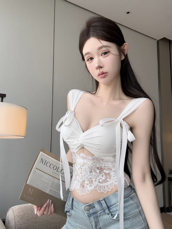 Lagani čipkasti top s umetkom za dojke, s jednim ramenom, kratki top, romb uzorak, pamuk-elastan smjesa, 90–95% pamuk, ≤30% elastan, literarno retro kineski stil