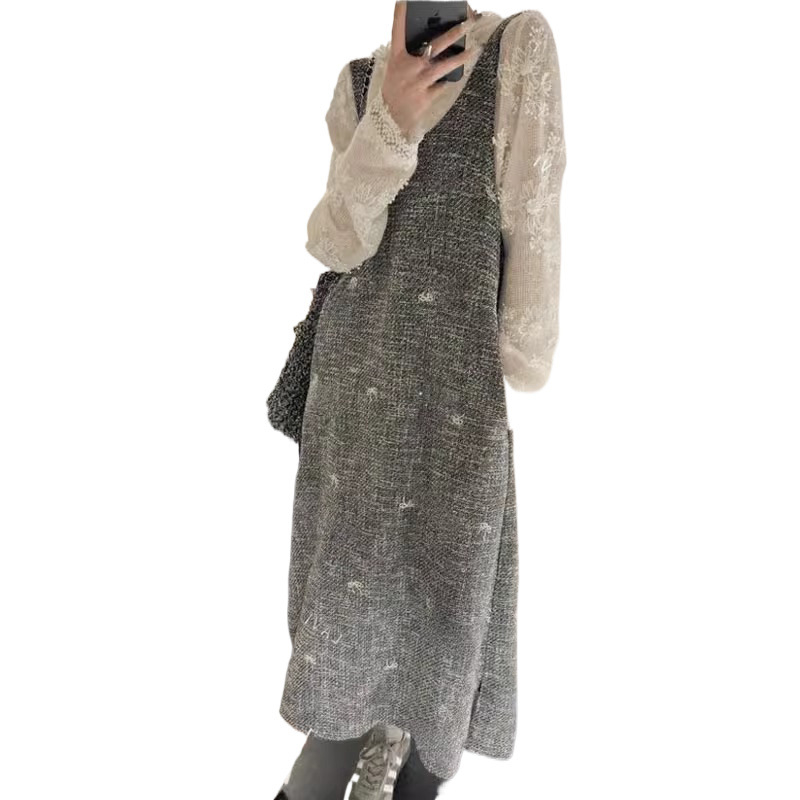 Trudnički set: čipkasti gornji dio i izveđena midi haljina, acryl materijal, okrugli izrez, dugi rukavi, zimski stil