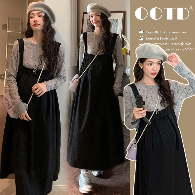 Tehotenský dvojdielny set: dlhý rukáv top a šaty s traky, bavlna 70–80%, 2022, japonsko-kórejský voľný štýl