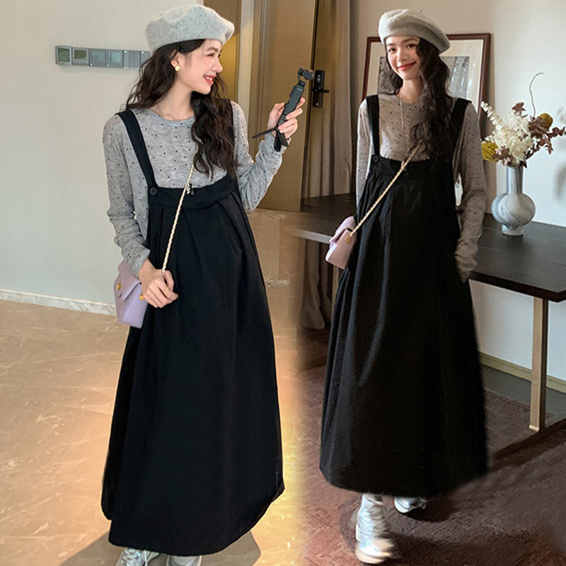 Tehotenský dvojdielny set: dlhý rukáv top a šaty s traky, bavlna 70–80%, 2022, japonsko-kórejský voľný štýl