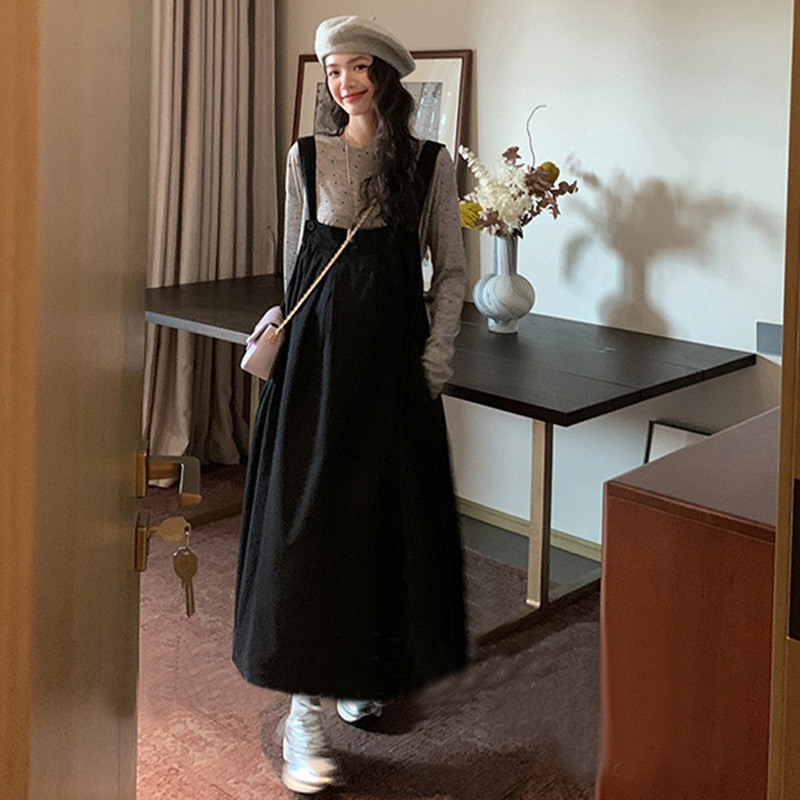 Tehotenský dvojdielny set: dlhý rukáv top a šaty s traky, bavlna 70–80%, 2022, japonsko-kórejský voľný štýl