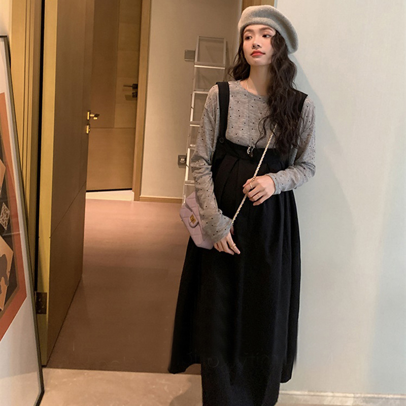 Tehotenský dvojdielny set: dlhý rukáv top a šaty s traky, bavlna 70–80%, 2022, japonsko-kórejský voľný štýl