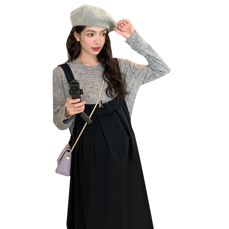 Tehotenský dvojdielny set: dlhý rukáv top a šaty s traky, bavlna 70–80%, 2022, japonsko-kórejský voľný štýl