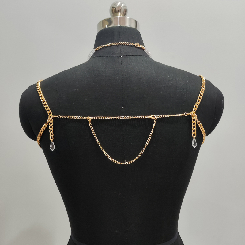 Халтер-верига за тяло с открит гръб, кристални имитационни перли и мъниста, за жени — европейски/американски стил, зима 2024