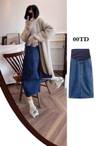 Trudnička denimska suknja, srednje duljine, podrška za trbuh, prednji šlic, tkanina pamuk-denim (90–95% pamuk)